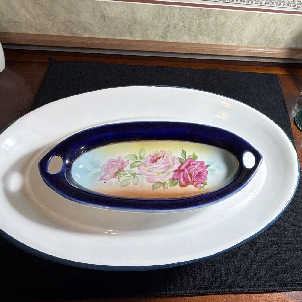 KAL Germany Oval Ceramic Platter White Blue Pink Rose Floral Glossy Decor